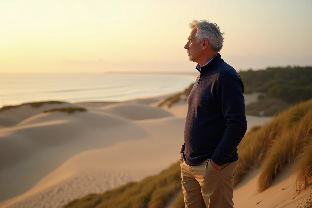 Homme contemplant la mer depuis une dune au lever du jour