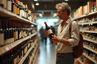 Voyageur examinant une bouteille de vin rouge Rioja dans un supermarché espagnol