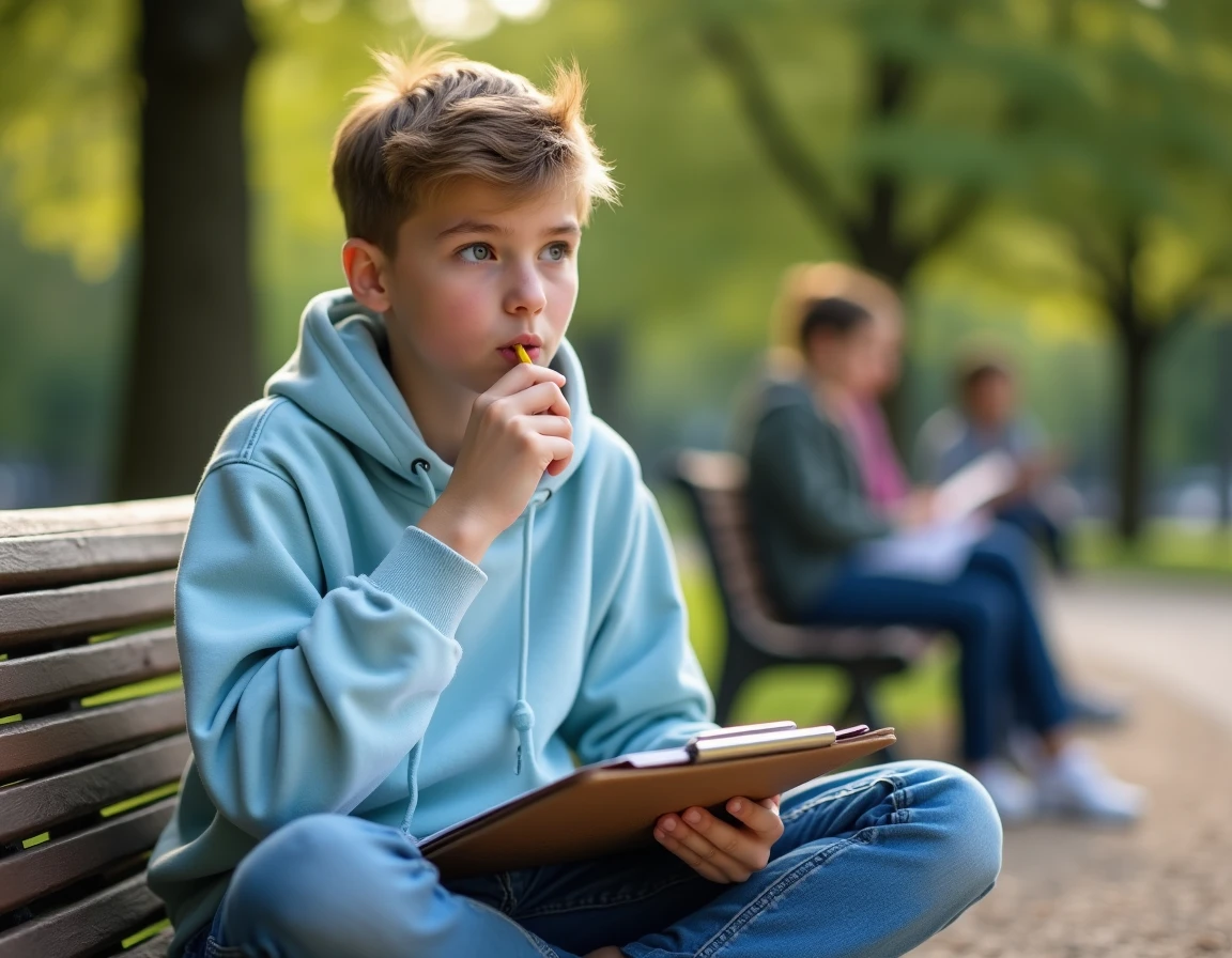 Adolescent assis dans un parc réfléchissant à l'orthographe d'un pays ou d'une ville sur une feuille de quiz géographique