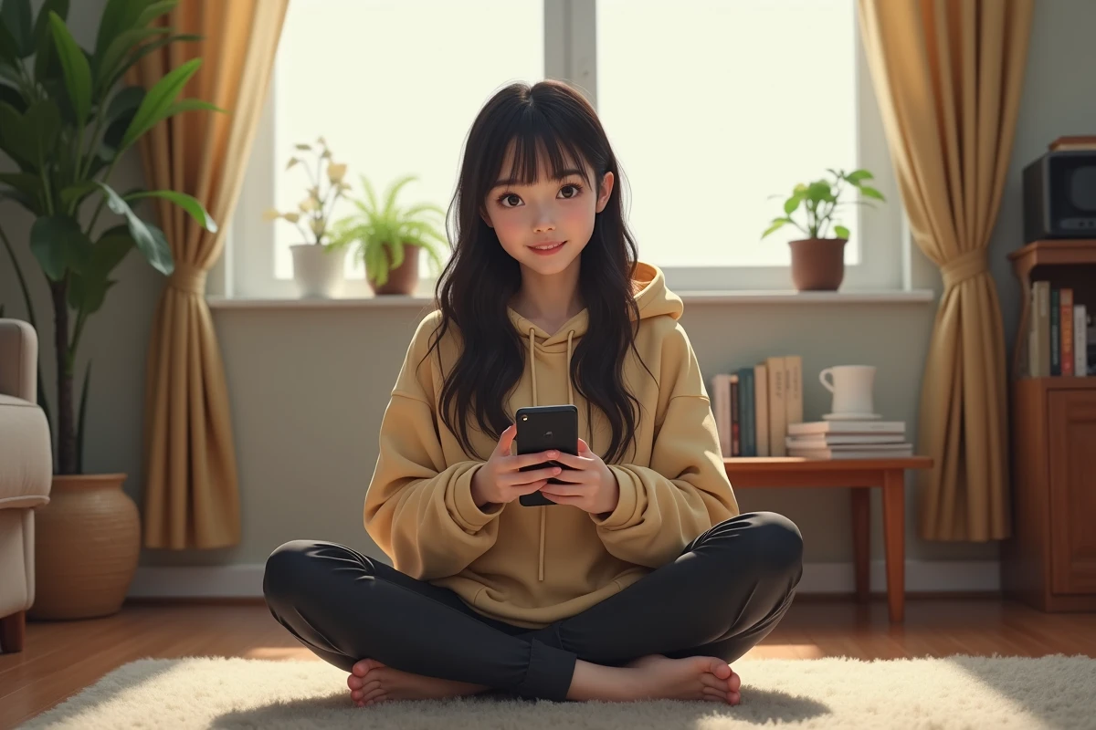 Adolescente souriante tenant un smartphone dans le salon