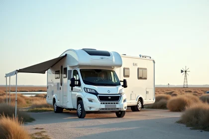 Camping-car moderne stationné sur une aire dédiée à l'île de Ré avec marais salants en arrière-plan