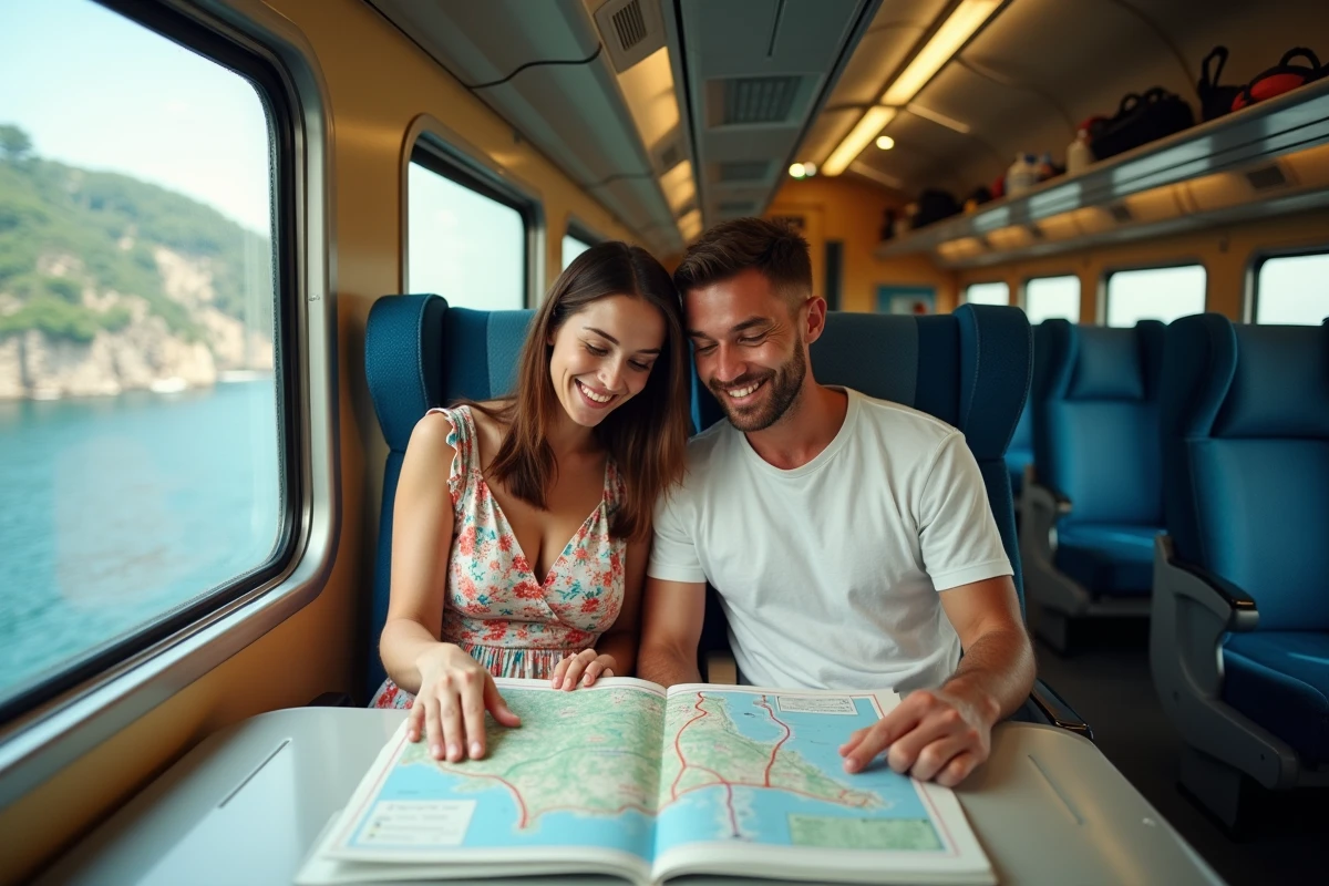 Deux amis planifiant leur itinéraire sur une carte du train des Cinque Terre à bord d'un train régional italien