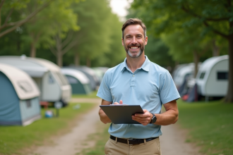 Homme d'âge moyen vérifiant le camping en plein air