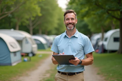 Homme d'âge moyen vérifiant le camping en plein air