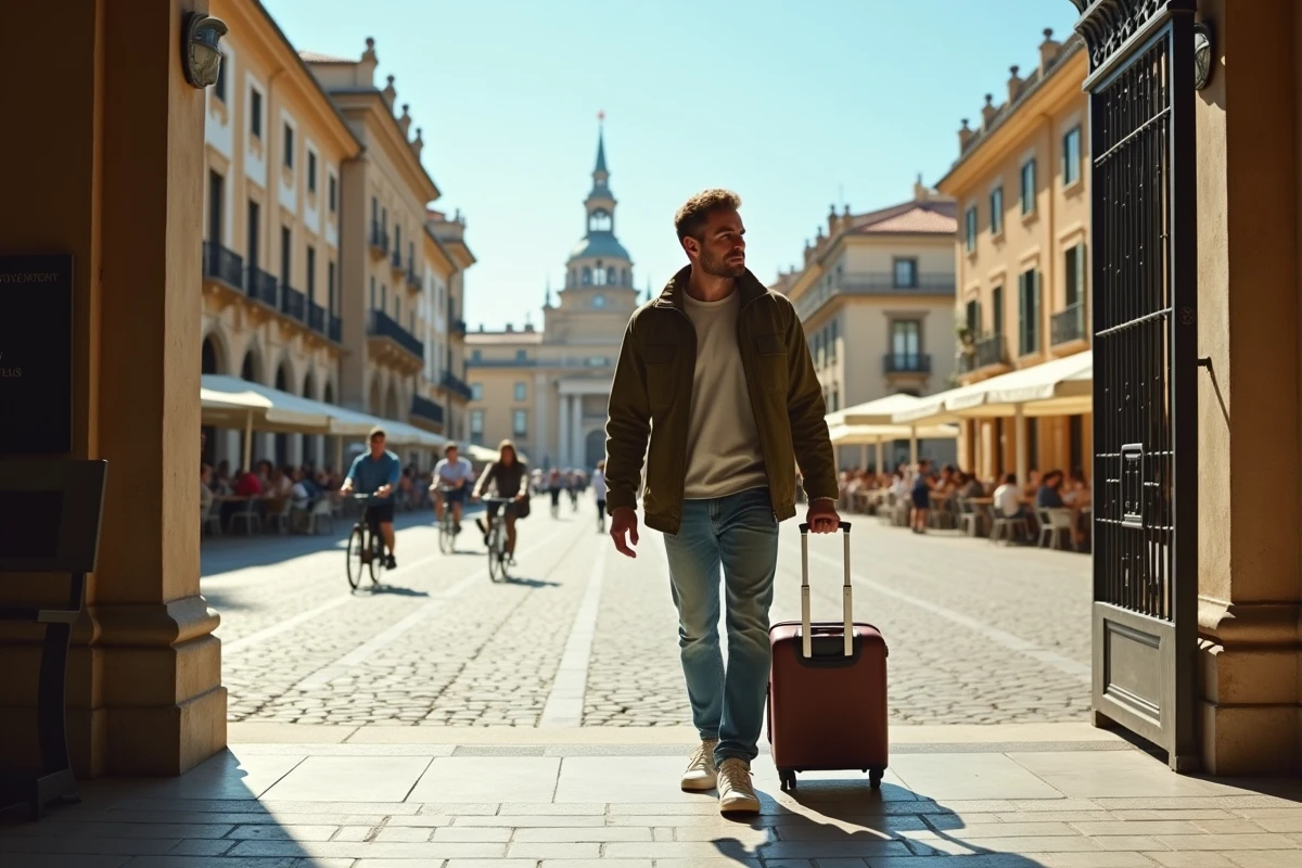 Voyageur arrivant dans une ville européenne après un vol Transavia, place animée en arrière-plan