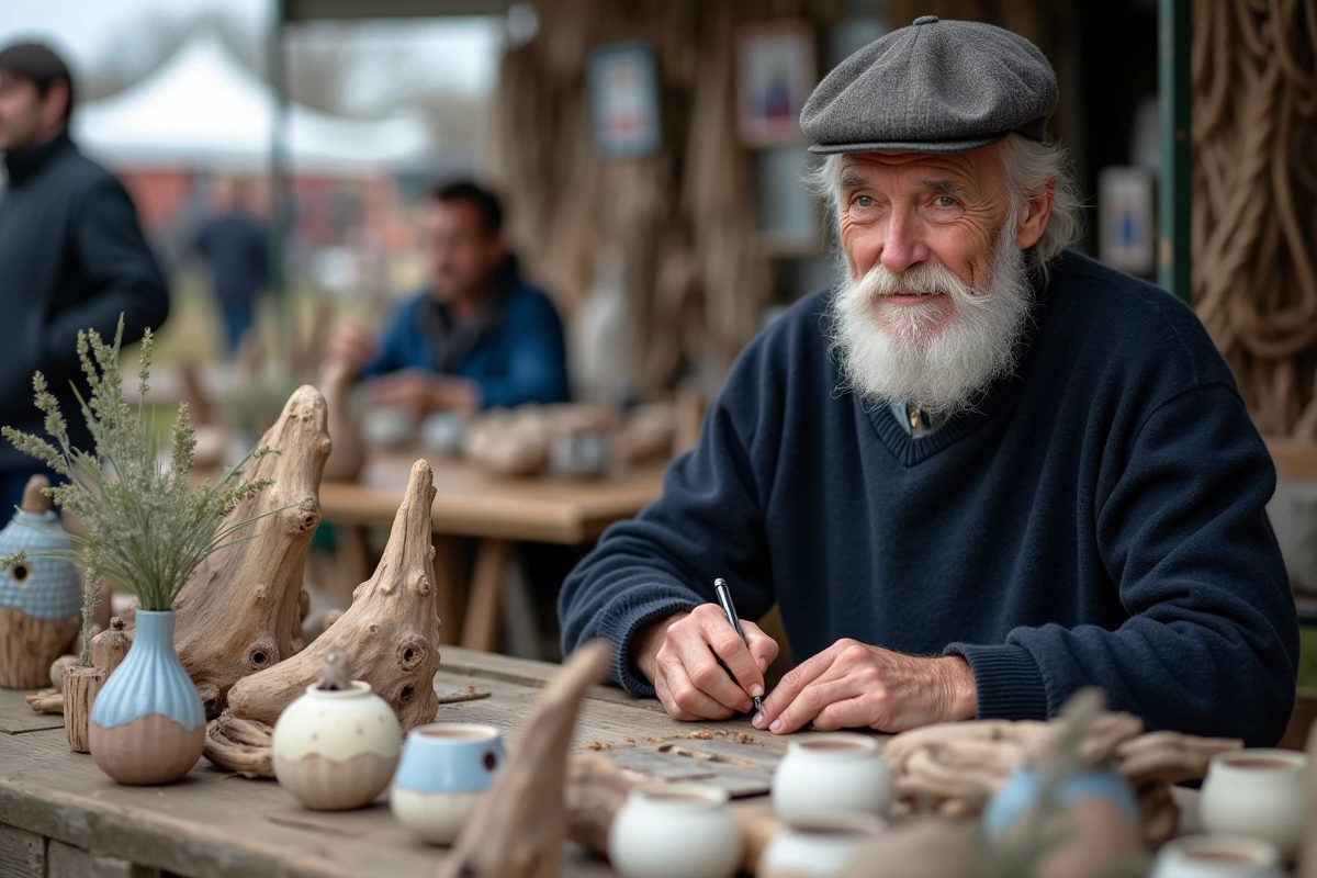 Artisan local pr&eacute;sentant ses sculptures en bois flott&eacute; et c&eacute;ramiques au march&eacute; de Fort Mahon