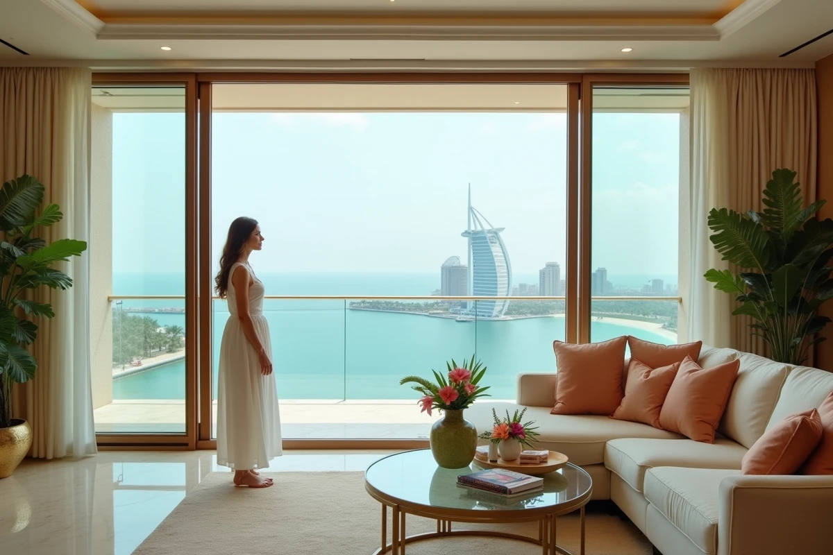 Suite luxueuse de l'hôtel Atlantis The Palm avec vue panoramique sur le Palm Jumeirah depuis une grande baie vitrée