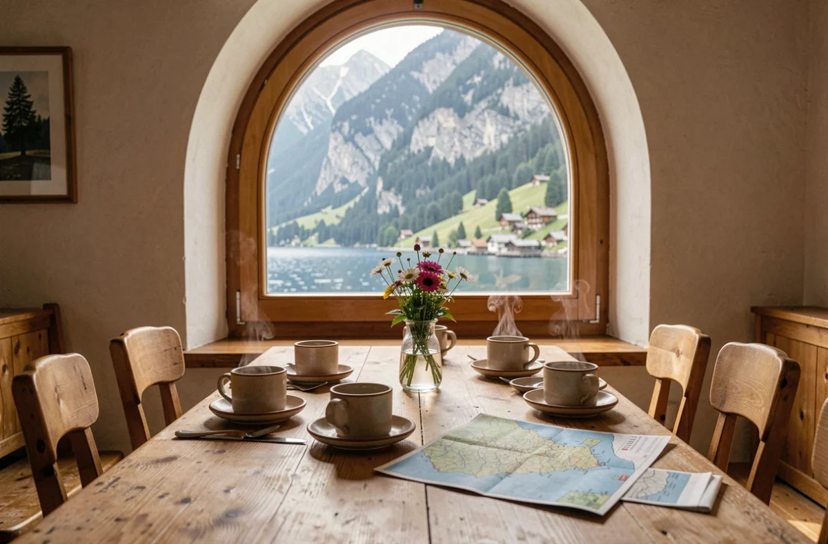 Table de petit-déjeuner dans une auberge traditionnelle de Hallstatt avec vue sur le lac en Autriche