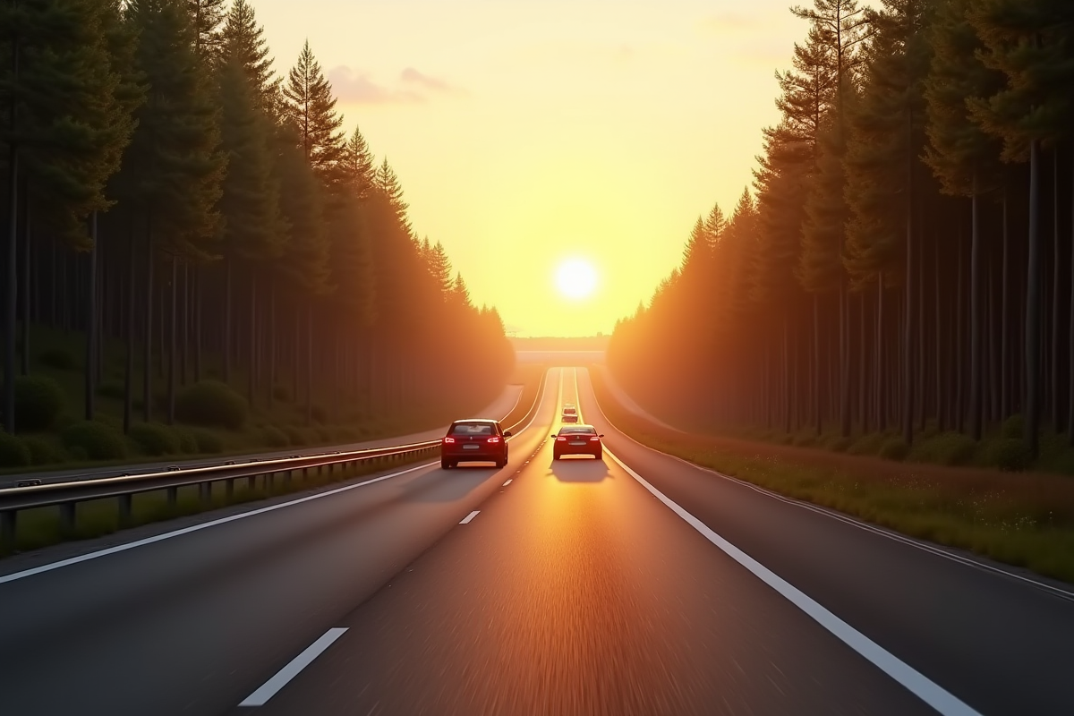Autoroute tranquille en forêt de pins avec voiture au lever du soleil
