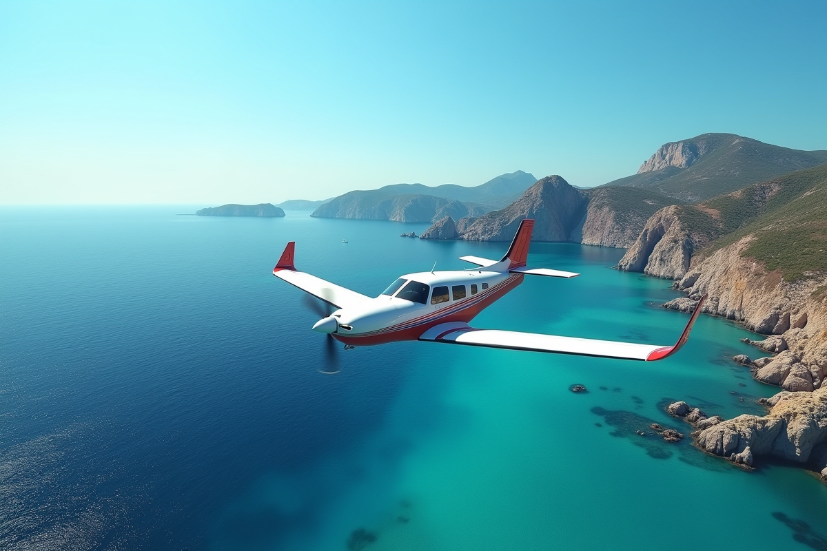Petit avion survolant la côte turquoise de Corse avec falaises