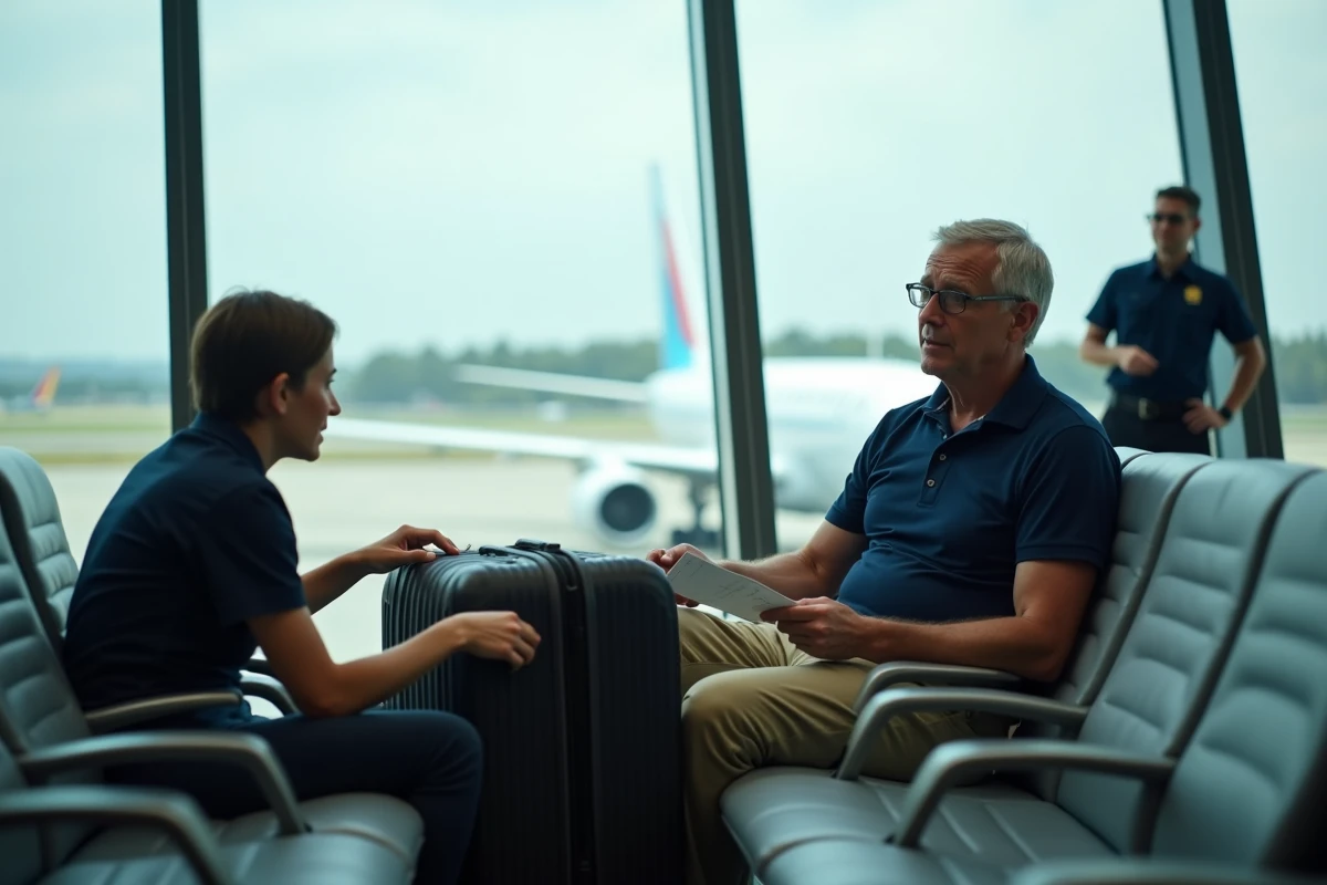 Passager confronté au personnel Air France pour excès de taille de bagage cabine à la porte d'embarquement