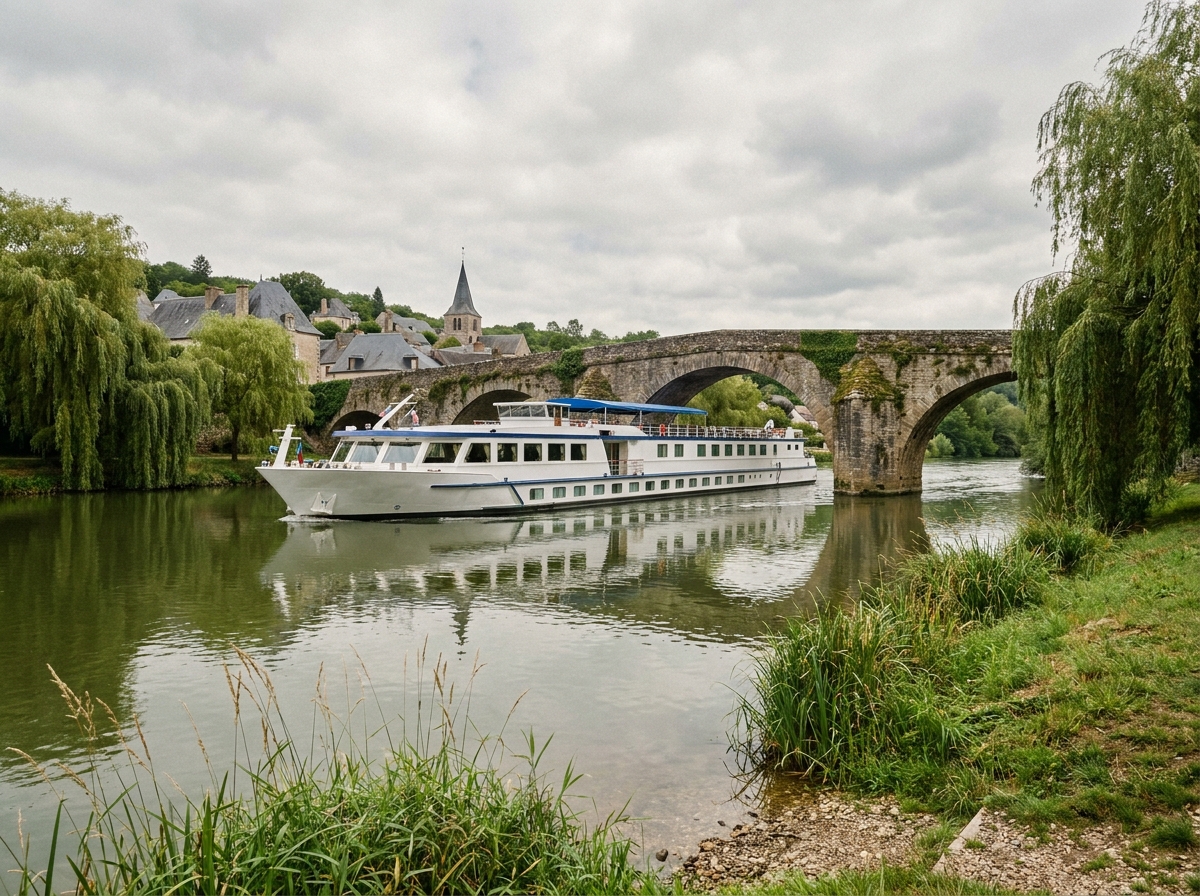 Bateau de croisière fluviale naviguant sous un pont en pierre sur une rivière européenne pittoresque