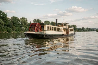 Bateau à roue à aube naviguant sur la Loire avec ses rives verdoyantes en arrière-plan