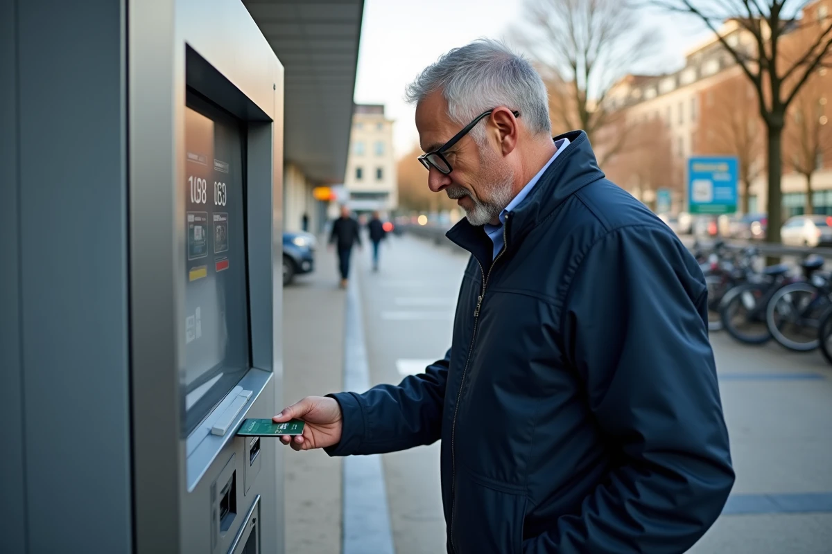 Homme payant son stationnement à une borne de parking automatique près de la gare Lille Flandres
