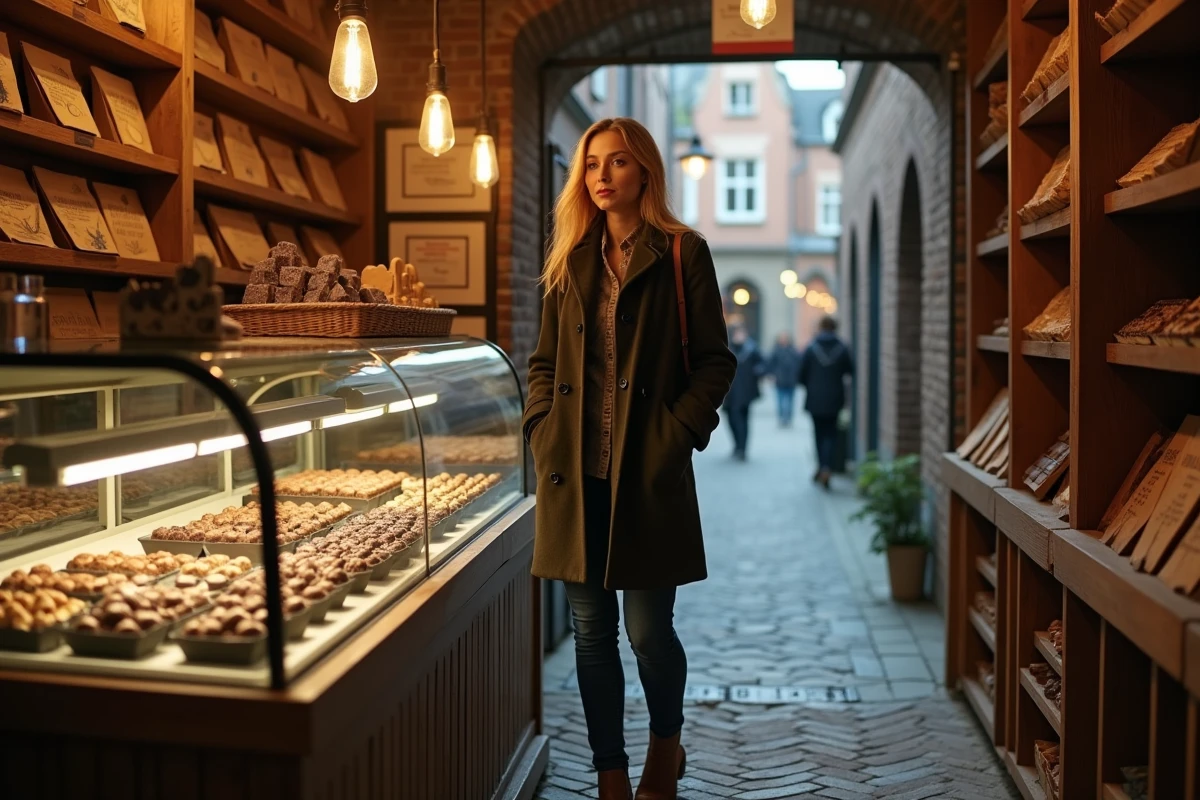 Voyageuse découvrant une boutique de chocolats artisanaux belges dans une ruelle pavée authentique de Bruges loin des pièges à touristes