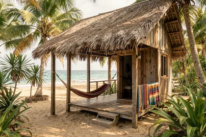 Bungalow rustique avec hamac sur terrasse face à la plage de Mazunte au Mexique