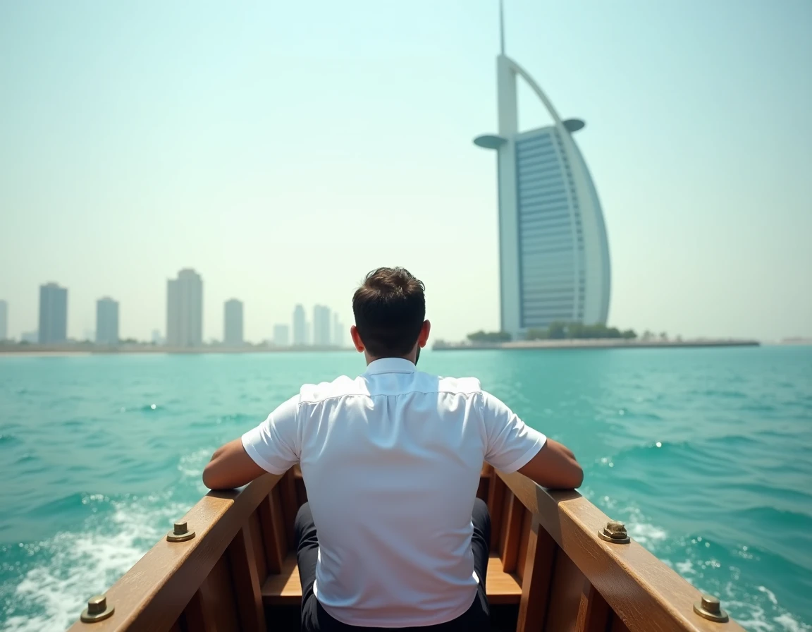Homme sur un taxi maritime traditionnel observant le Burj Al Arab depuis le golfe Arabique, vue panoramique sur l'hôtel emblématique de Dubaï