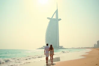Vue emblématique du Burj Al Arab à Dubaï avec un couple en tenue estivale sur la plage face à l'hôtel en forme de voile