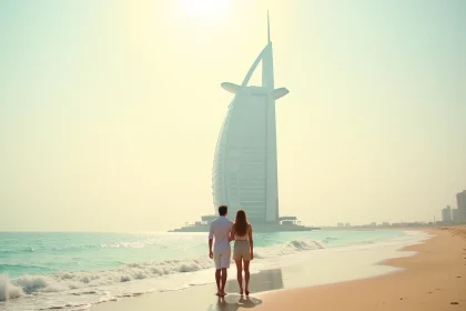 Vue emblématique du Burj Al Arab à Dubaï avec un couple en tenue estivale sur la plage face à l'hôtel en forme de voile