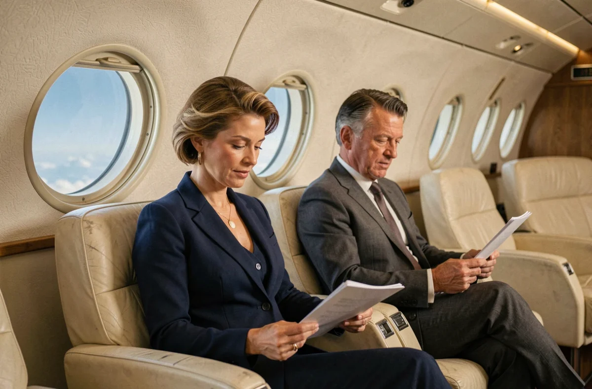 Intérieur de la cabine étroite d'un avion supersonique type Concorde avec deux passagers en classe affaires consultant des documents lors d'une traversée transatlantique