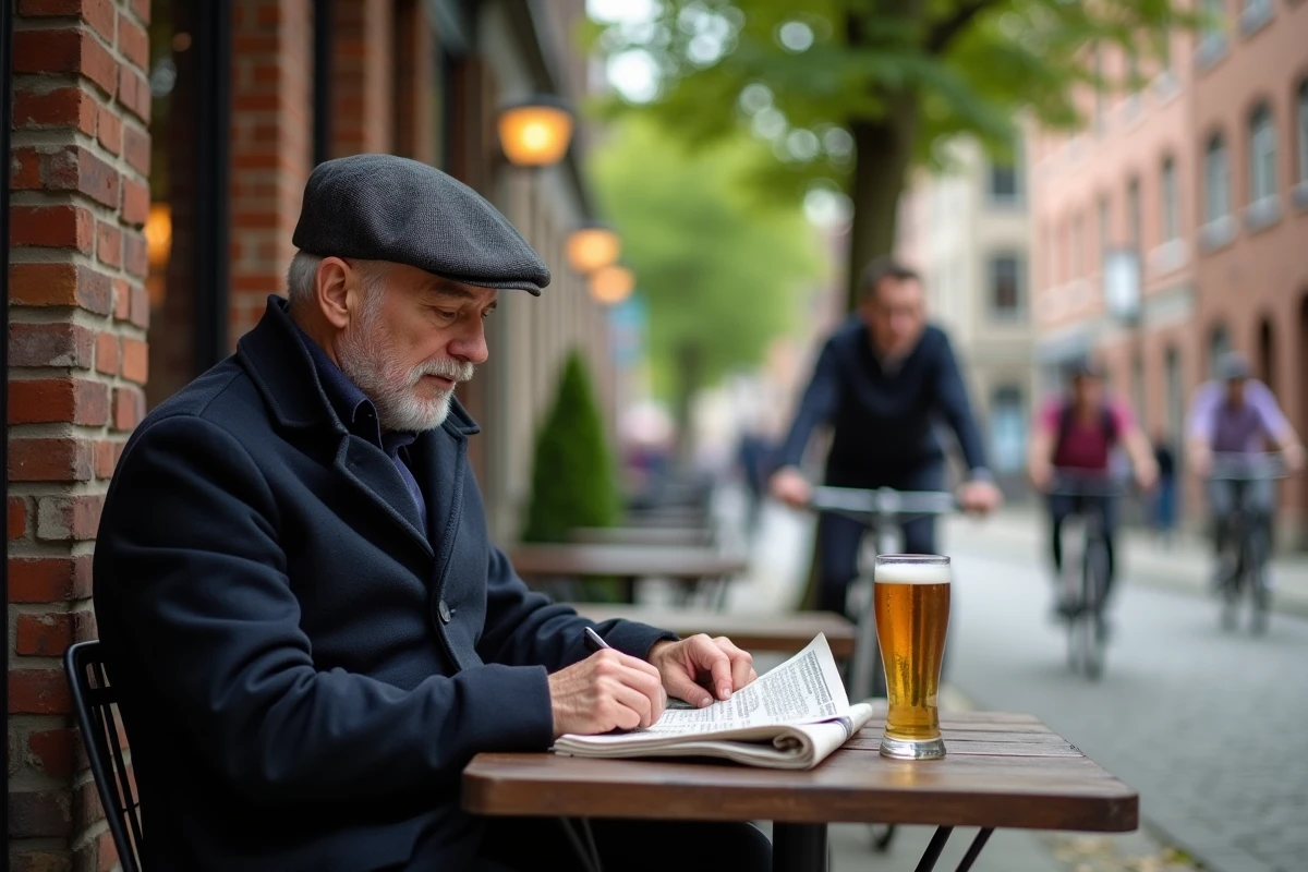 Homme lisant un journal en terrasse d'un café brugeois authentique sur une place résidentielle tranquille loin des zones touristiques bondées