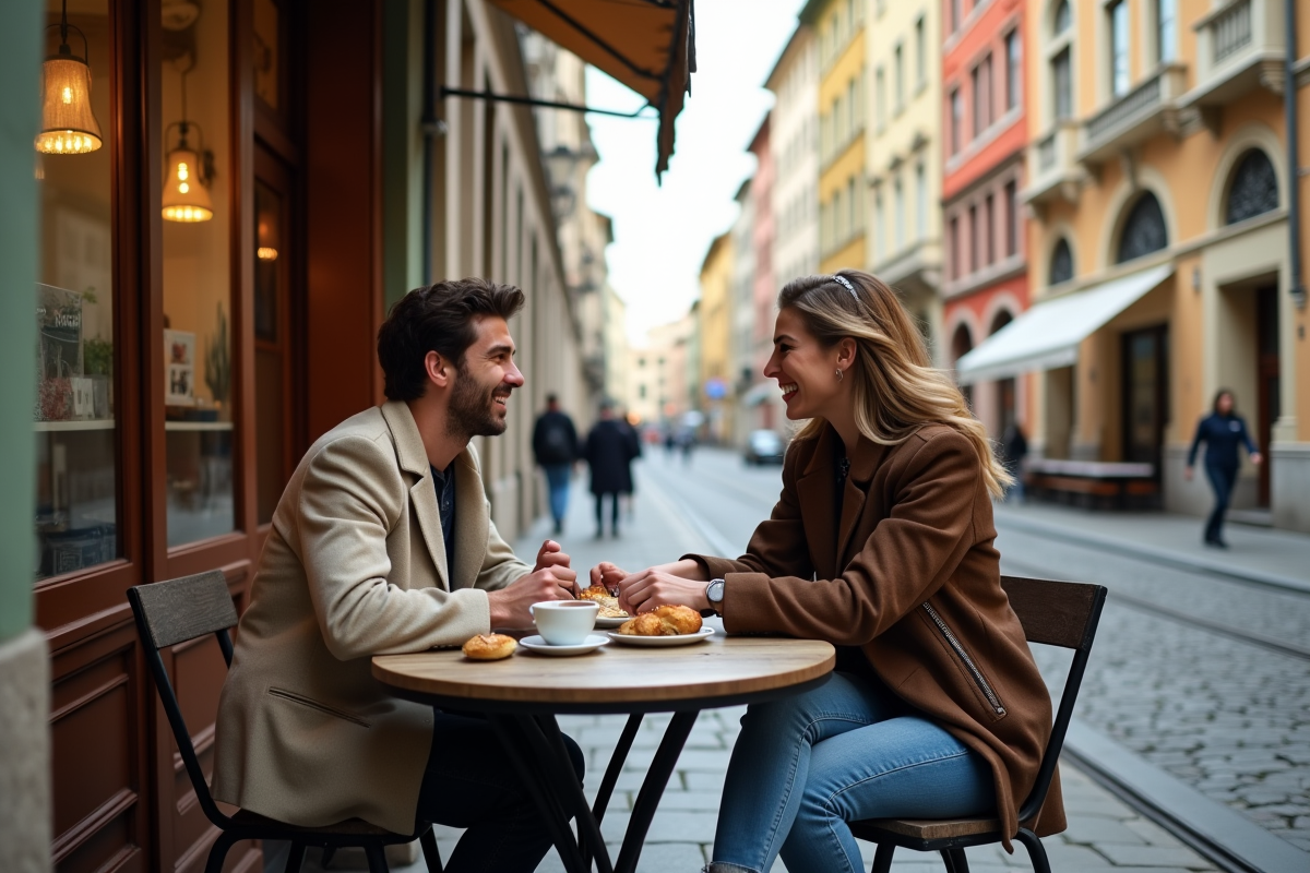 Deux amis riant au café dans une rue de Budapest