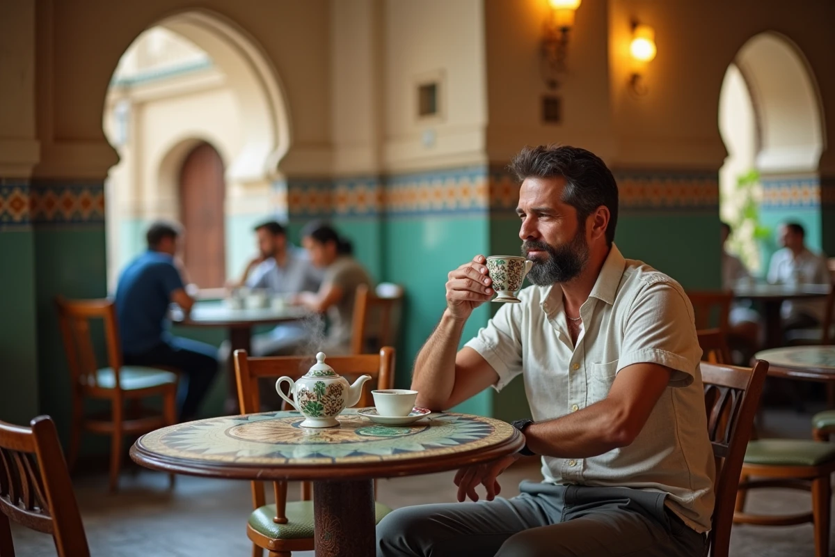 Voyageur savourant un th&eacute; &agrave; la menthe dans un caf&eacute; traditionnel de la m&eacute;dina de Tanger