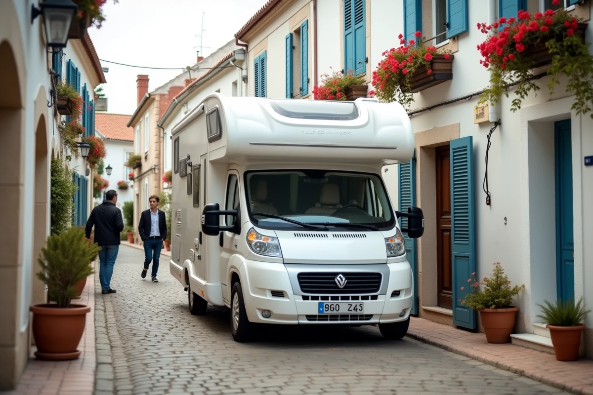 Camping-car circulant dans une ruelle étroite du village de Saint-Martin-de-Ré avec maisons blanches aux volets bleus