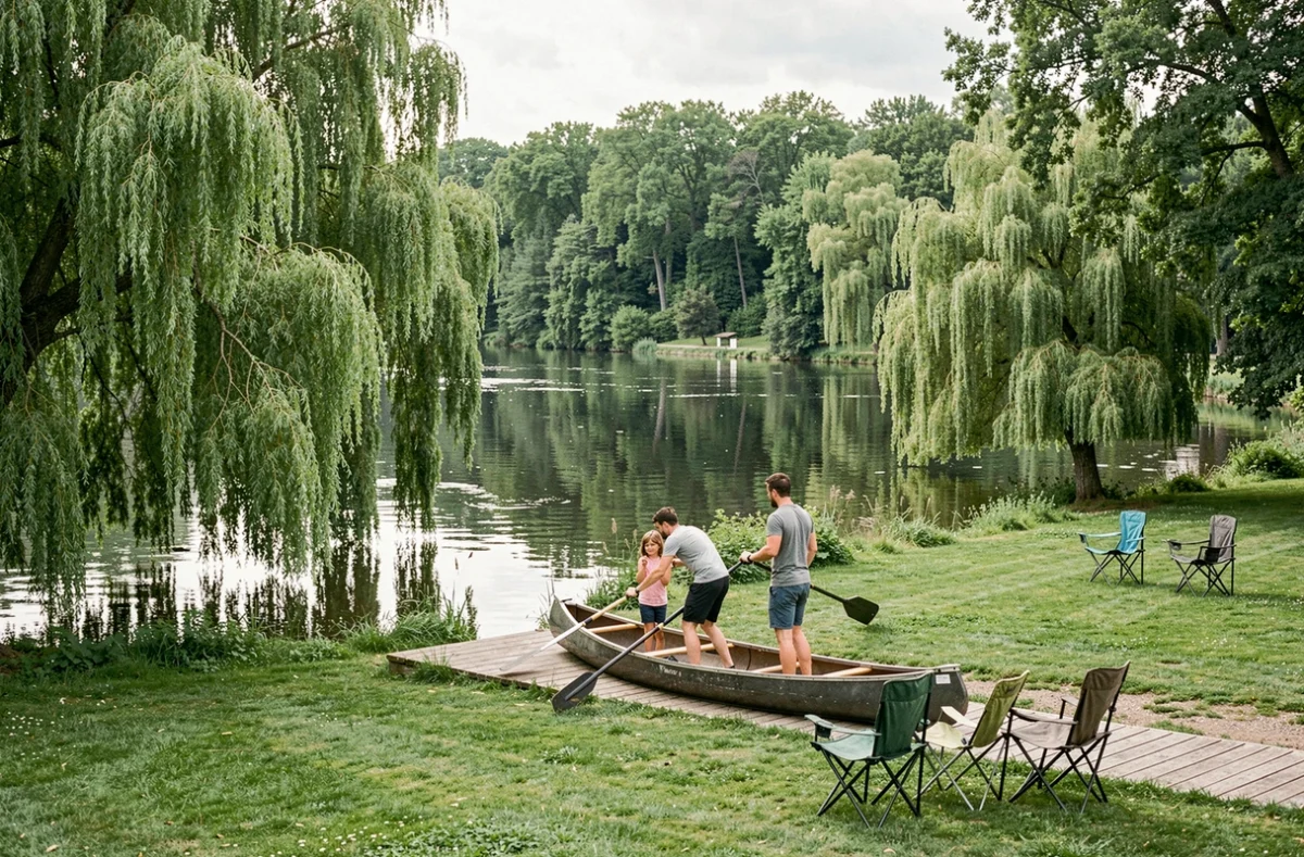 Famille mettant un canoë à l'eau sur la Vienne au Camping de Marcilly sur Vienne, entouré de saules et de nature verdoyante