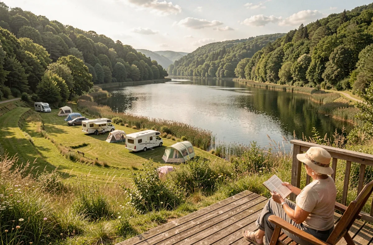 Terrasses du Camping Les Coteaux du Lac avec vue sur un lac calme entouré de forêts verdoyantes en Indre-et-Loire