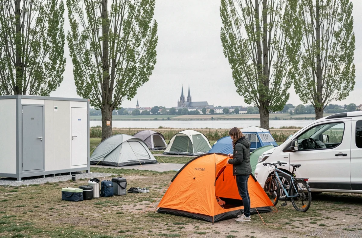 Emplacements modernes du Camping Onlycamp Tours Val de Loire avec une voyageuse montant sa tente près d'un van aménagé