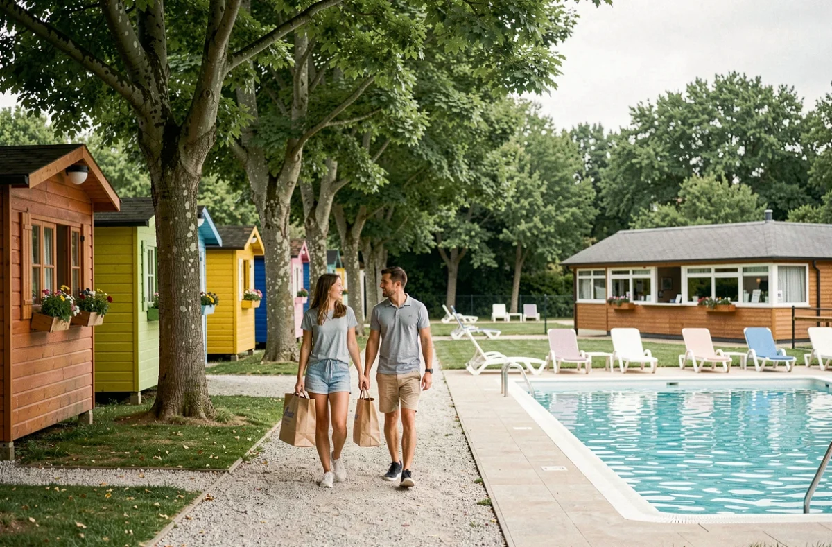 Allée ombragée du Camping Paradis Arada Parc avec chalets colorés et piscine extérieure turquoise en arrière-plan