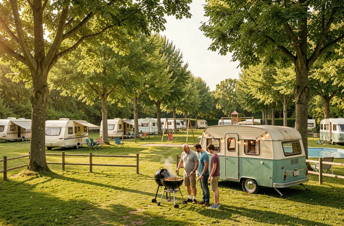 Emplacements ombragés du Camping Parc de Launay avec caravane vintage, barbecue en famille et piscine en arrière-plan