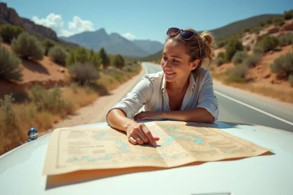 Femme consultant une carte routière de Corse nord dépliée sur le capot d'un van blanc lors d'un road trip