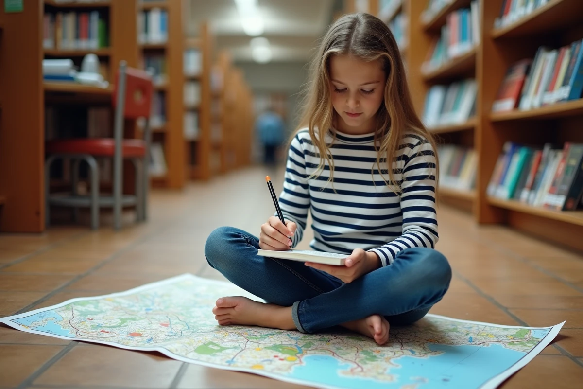 Adolescente étudiant une carte de la Normandie dans une bibliothèque avec un carnet de notes