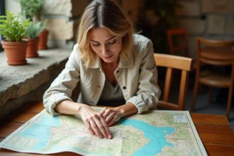 Femme consultant une carte papier de la Normandie dépliée sur une table de café en pierre