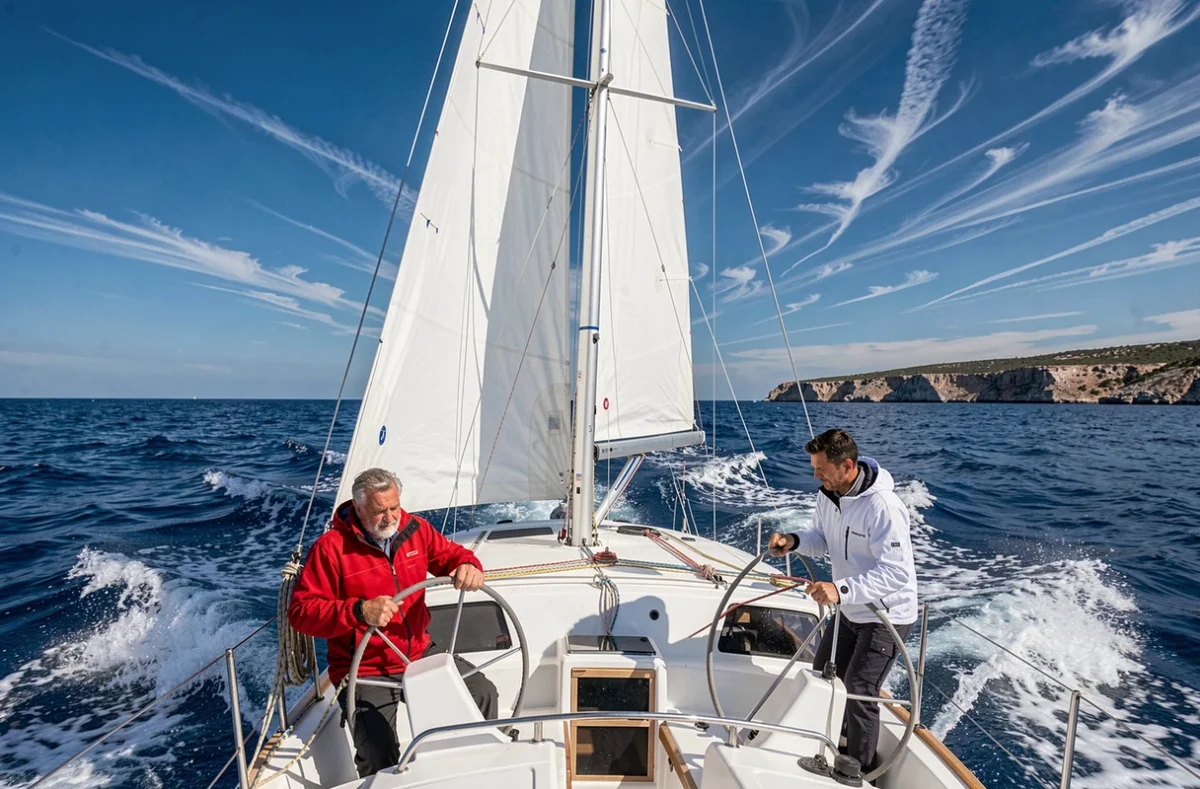 Petit catamaran naviguant à pleine voile en Méditerranée avec deux membres d'équipage actifs