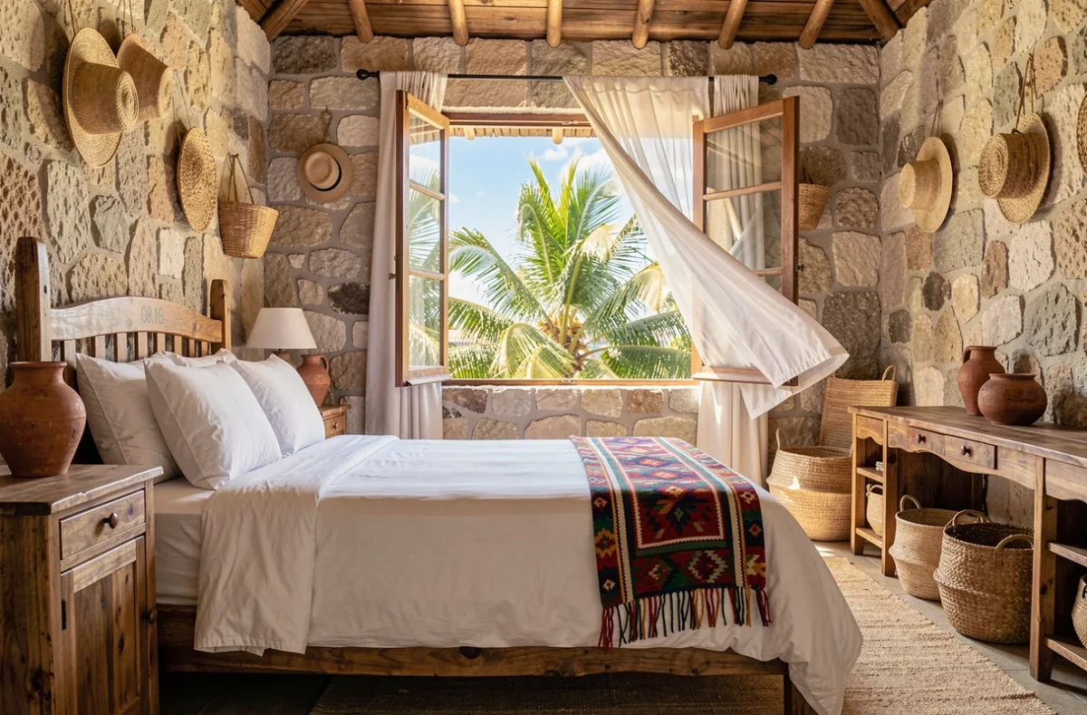 Chambre intérieure d'un éco-lodge authentique à Mazunte avec vue sur les palmiers