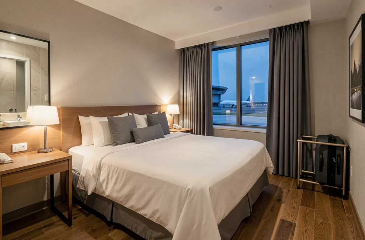 Chambre d'hôtel confortable avec vue sur la piste de l'aéroport Mohammed V pour une escale sereine