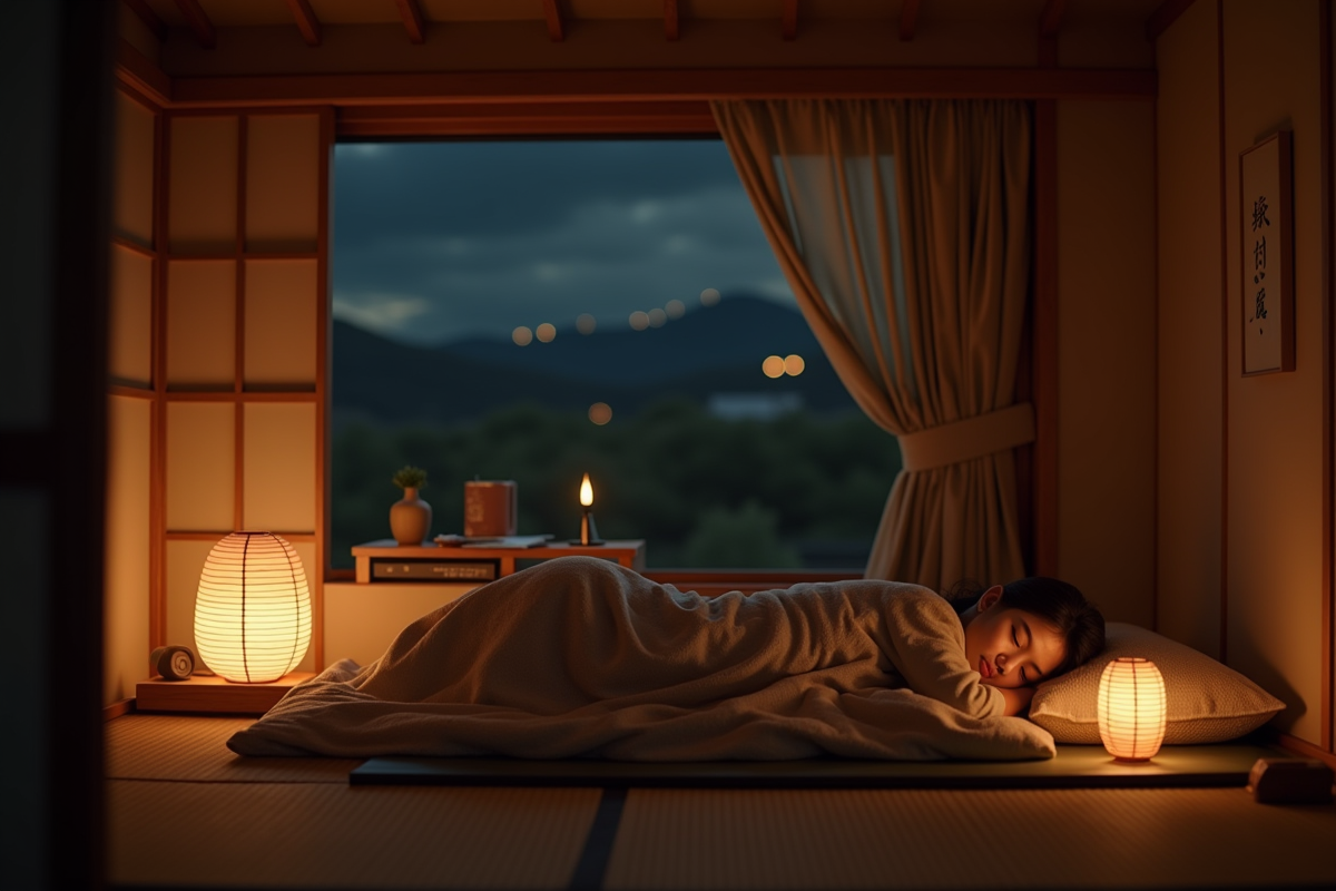 Chambre japonaise traditionnelle la nuit avec futon