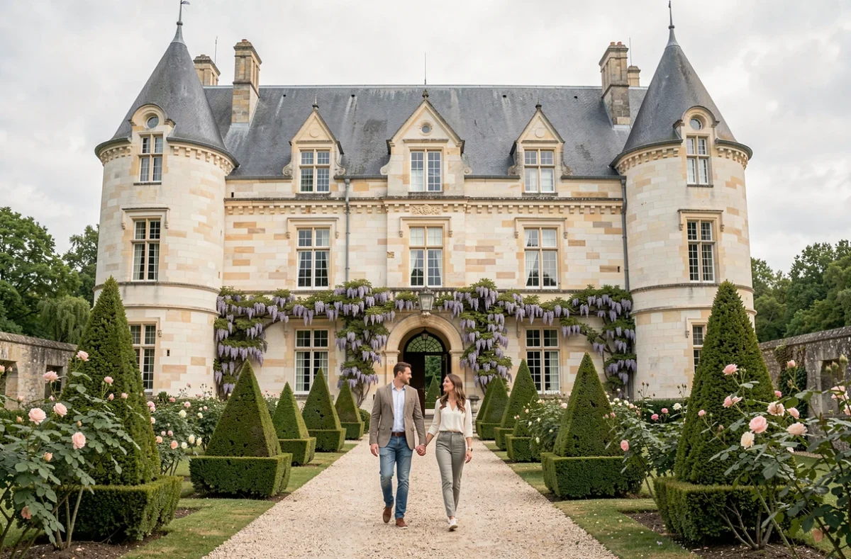 Couple se promenant devant la façade du Château Saint Jean Hôtel et Spa en Auvergne entouré de topiaires et de rosiers