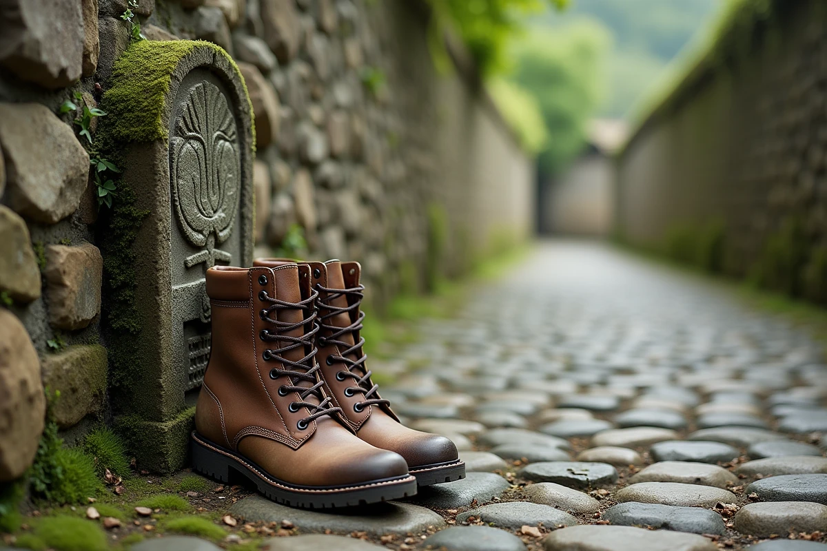 Chaussures de marche de pèlerin posées sur une borne milliaire avec coquille Saint-Jacques sur le GR 65 en France