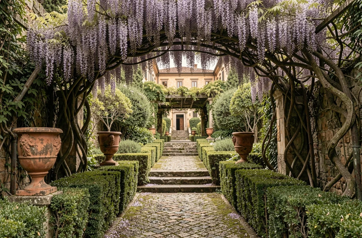 Chemin en pierre menant à la Villa del Balbianello entouré de végétation méditerranéenne dense et d'urnes en terre cuite, décor naturel du tournage de Star Wars