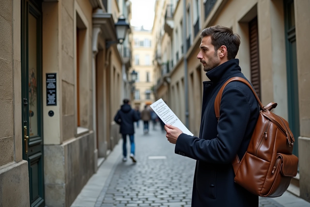 Voyageur hésitant devant un logement insolite à Montmartre Paris tenant des avis imprimés