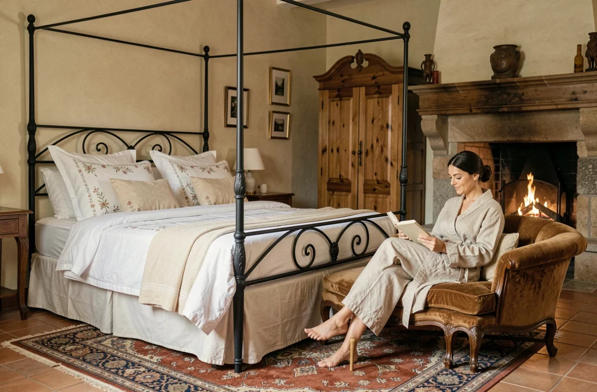 Chambre romantique du Clos de Bourgogne en Auvergne avec lit en fer forgé, cheminée en pierre et femme lisant sur une chaise longue