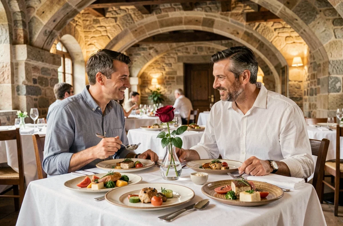 Couple dînant dans le restaurant gastronomique du Clos des Sens à Annecy-le-Vieux avec table dressée en lin blanc et mets raffinés