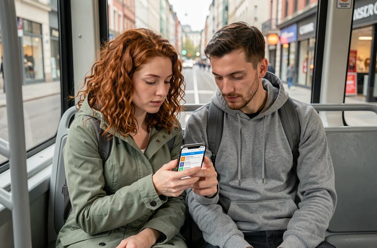 Deux collègues dans un tram consultant ensemble l'application Mappy sur smartphone pour organiser leur trajet en transports en commun en ville