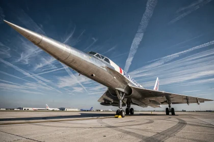 Vue en contre-plongée du Concorde sur le tarmac de l'aéroport avec sa livrée Air France, montrant son fuselage en aluminium poli et son nez caractéristique