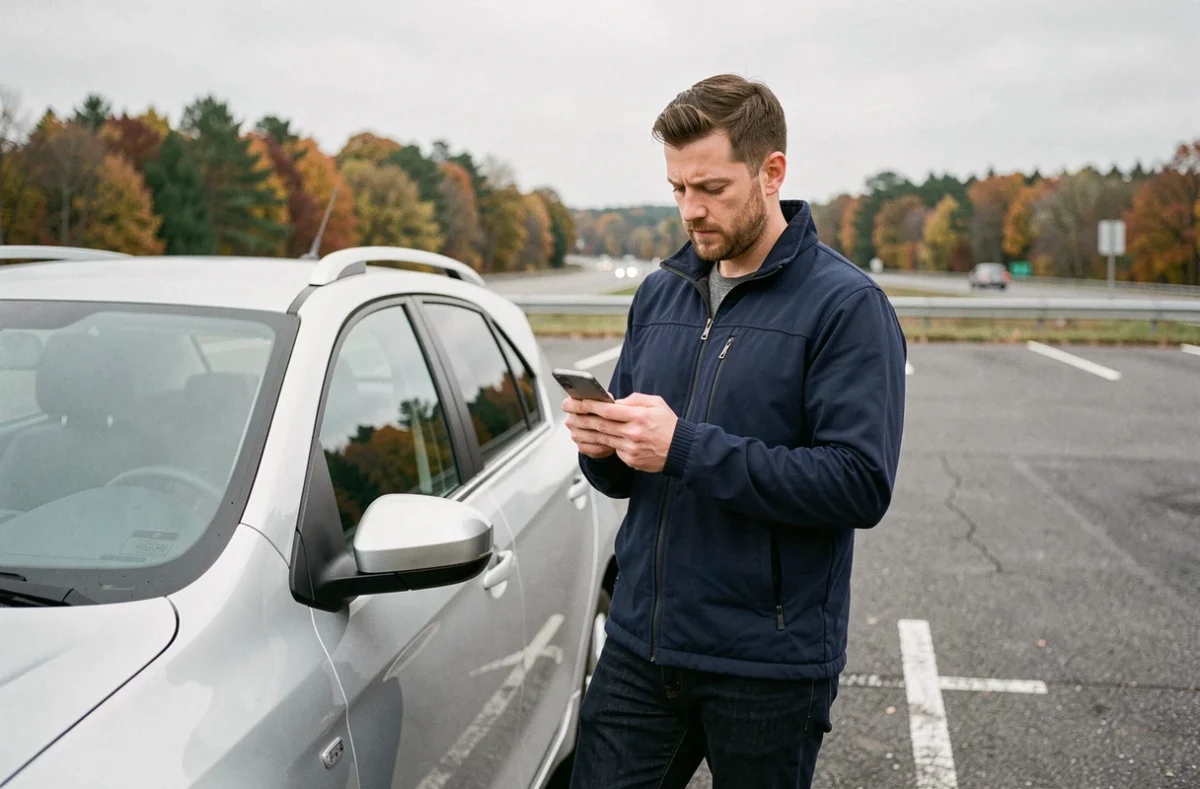 Conducteur BlaBlaCar contactant le support téléphonique depuis un arrêt routier