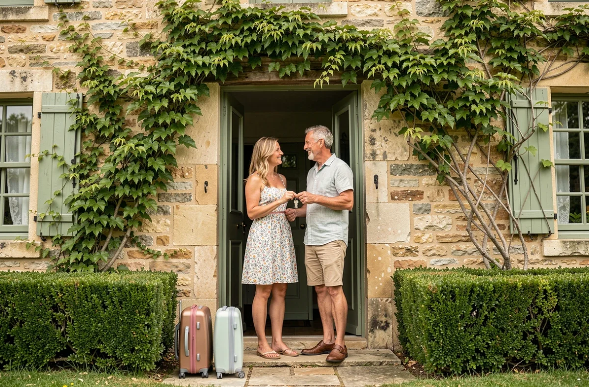 Couple arrivant dans une maison de vacances en location sécurisée à la campagne française